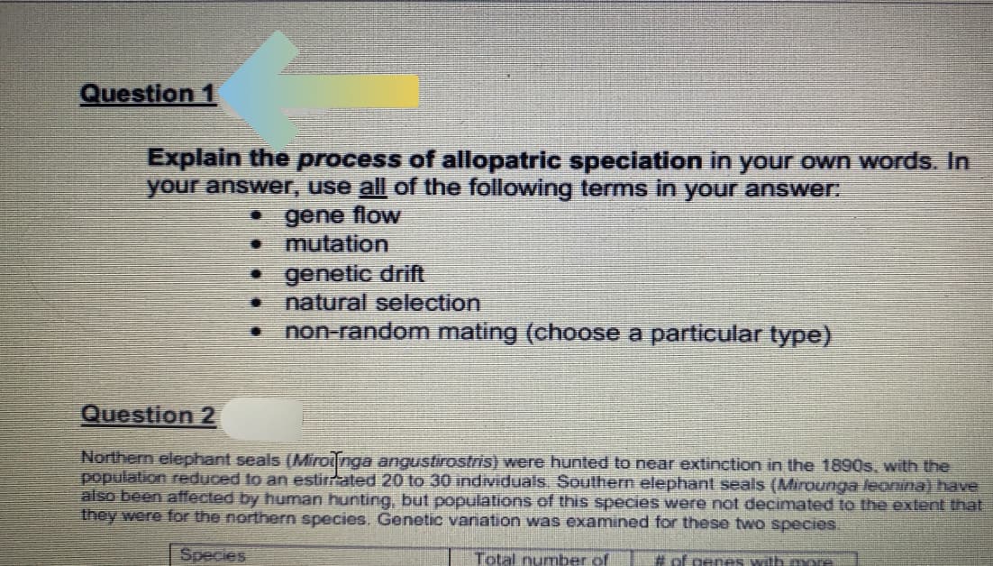 Question 1
Explain the process of allopatric speciation in your own words. In
your answer, use all of the following terms in your answerr.
gene flow
• mutation
• genetic drift
natural selection
non-random mating (choose a particular type)
Question 2
Northern elephant seals (Miroi nga angustirostris) were hunted to near extinction in the 1890s, with the
population reduced to an estirrated 20 to 30 individuals. Southern elephant seals (Mirounga leonina) have
also been affected by human hunting, but populations of this species were not decimated to the extent that
they were for the northern species, Genetic varnation was examined for these two species.
Species
Total number of
Cofpenes with more
