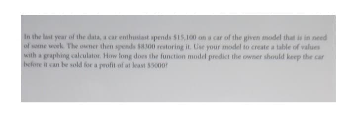 In the last year of the data, a car enthusiast spends $15,100 on a car of the given model that is in need
of some work. The owner then spends $8300 restoring it. Use your model to create a table of values
with a graphing calculator. How long does the function model predict the owner should keep the car
before it can be sold for a profit of at least $5000?