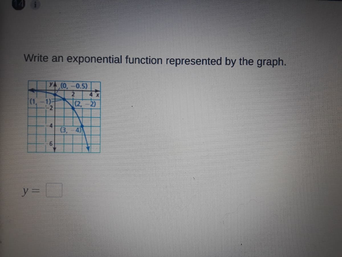 Write an exponential function represented by the graph.
Y(0, 0.5)
2
4 x
(1, 1
N(2, 2)
4.
(3, 4)
6
