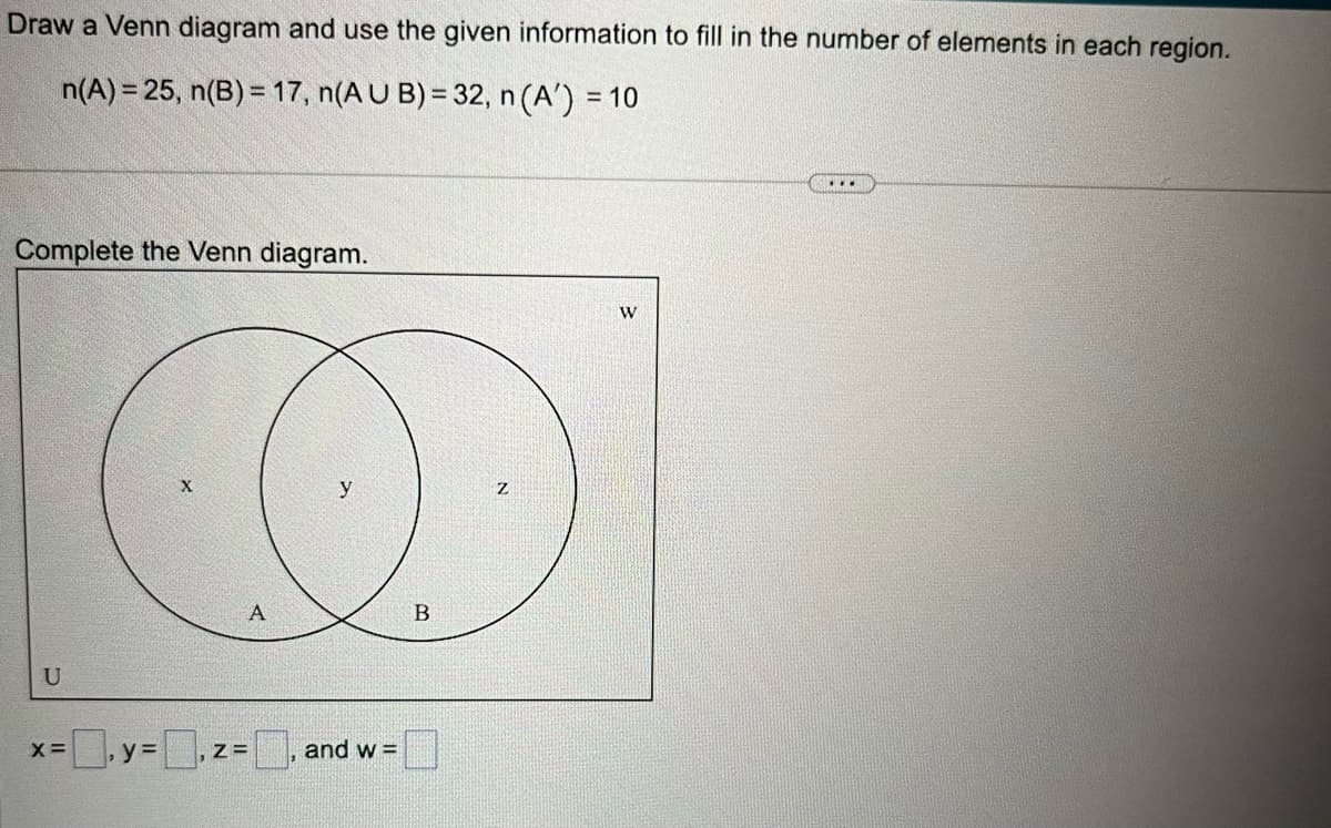 Draw a Venn diagram and use the given information to fill in the number of elements in each region.
n(A) = 25, n(B) = 17, n(AUB) = 32, n (A) = 10
Complete the Venn diagram.
U
X=
X
0₁ y=0,
Z=
A
y
and w=
B
Z
W
...