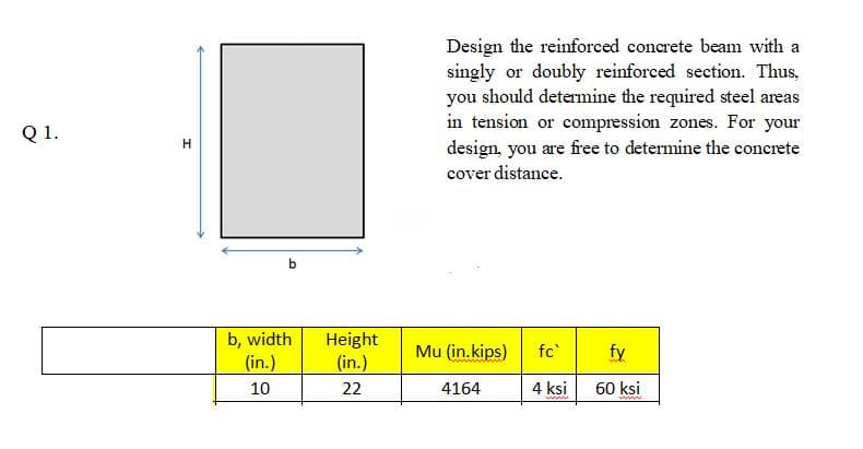 Design the reinforced concrete beam with a
singly or doubly reinforced section. Thus,
you should determine the required steel areas
in tension or compression zones. For your
design, you are free to determine the concrete
cover distance.
Q 1.
b, width
(in.)
Height
Mu (in.kips)
fc
fy
(in.)
10
22
4164
4 ksi
60 ksi
www
ww
