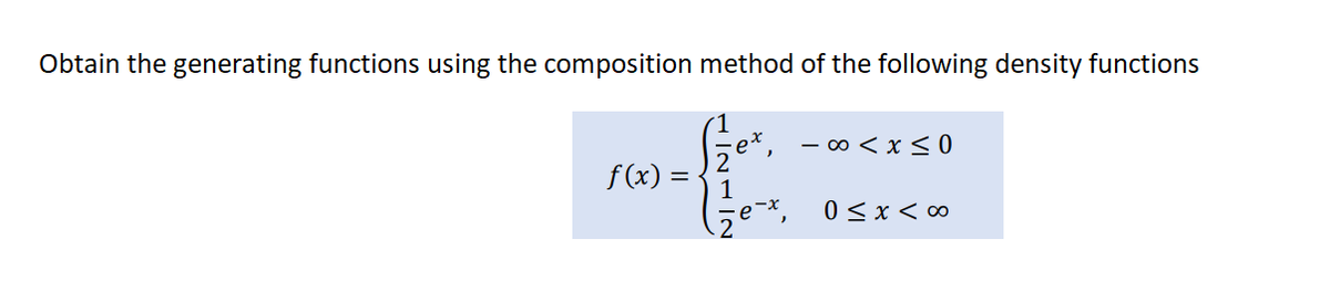 Obtain the generating functions using the composition method of the following density functions
f(x) =
N|27|2
5e-x,
-∞0 < x≤ 0
0≤x<∞0