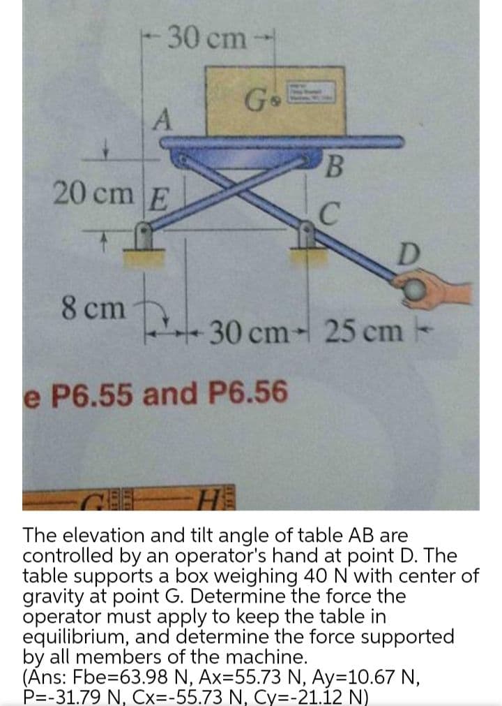 30 cm
Go
20 cm E
D.
8 cm
30 cm- 25 cm-
e P6.55 and P6.56
HE
The elevation and tilt angle of table AB are
controlled by an operator's hand at point D. The
table supports a box weighing 40 N with center of
gravity at point G. Determine the force the
operator must apply to keep the table in
equilibrium, and determine the force supported
by all members of the machine.
(Ans: Fbe=63.98 N, Ax=55.73 N, Ay=10.67 N,
P=-31.79 N, Cx=-55.73 N, Cy=-21.12 N)
