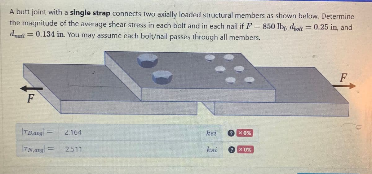 A butt joint with a single strap connects two axially loaded structural members as shown below. Determine
the magnitude of the average shear stress in each bolt and in each nail if F = 850 lbf, dbolt = 0.25 in, and
dnail = 0.134 in. You may assume each bolt/nail passes through all members.
F
TB,aug
|TN,avg|
2.164
= 2.511
ksi
ksi
? X0%
? X 0%
F