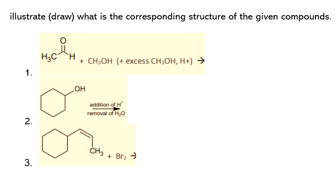 illustrate (draw) what is the corresponding structure of the given compounds.
H₂C
+ CH3OH (+ excess CH3OH, H+) →
OH
addition of H
removal of H₂O
CH3
1.
2.
3.
+ Br₂ →