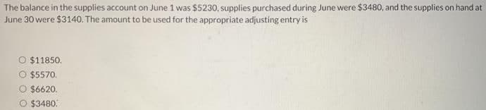 The balance in the supplies account on June 1 was $5230, supplies purchased during June were $3480, and the supplies on hand at
June 30 were $3140. The amount to be used for the appropriate adjusting entry is
O $11850.
$5570.
$6620.
O $3480.
