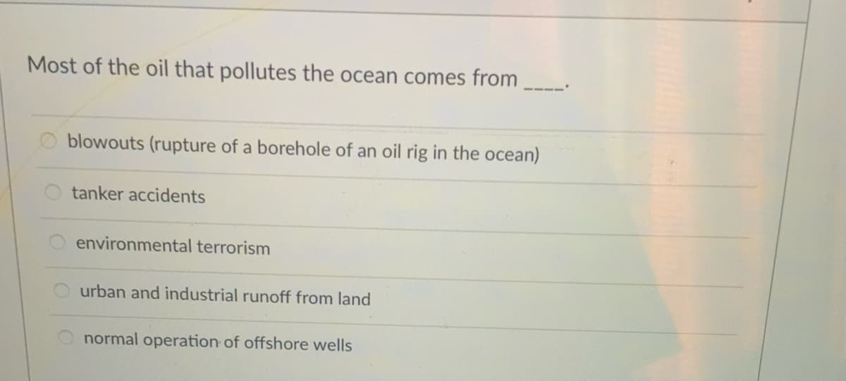 Most of the oil that pollutes the ocean comes from.
blowouts (rupture of a borehole of an oil rig in the ocean)
tanker accidents
environmental terrorism
urban and industrial runoff from land
normal operation of offshore wells
