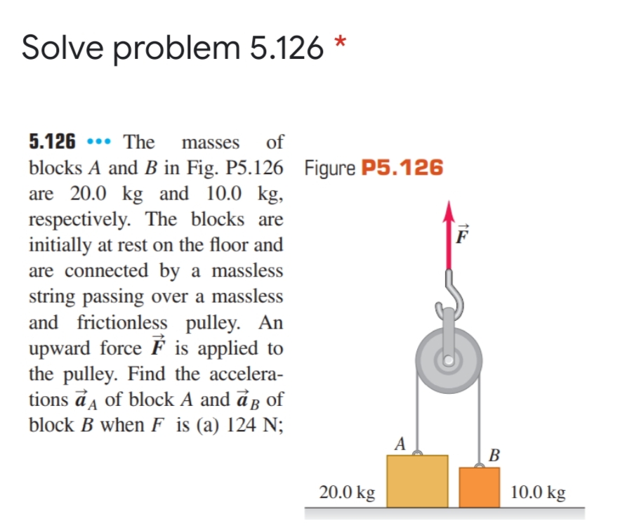 Solve problem 5.126 *
5.126 ... The
masses
of
blocks A and B in Fig. P5.126 Figure P5.126
are 20.0 kg and 10.0 kg,
respectively. The blocks are
initially at rest on the floor and
are connected by a massless
F
string passing over a massless
and frictionless pulley. An
upward force F is applied to
the pulley. Find the accelera-
tions a, of block A and åB of
block B when F is (a) 124 N;
A
В
20.0 kg
10.0 kg
