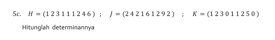 5c.
H = (1 2 3 1 1 1 2 4 6 ) ;
J = (2 4 2 1 6 1 2 9 2 ) ;
K = (1 2 3 0 1 1 2 5 0 )
Hitunglah determinannya
