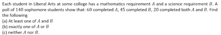 Each student in Liberal Arts at some college has a mathematics requirement A and a science requirement B. A
poll of 140 sophomore students show that: 60 completed A, 45 completed B, 20 completed both A and B. Find
the following
(a) At least one of A and B
(b) exactly one of A or B
(c) neither A nor B.
