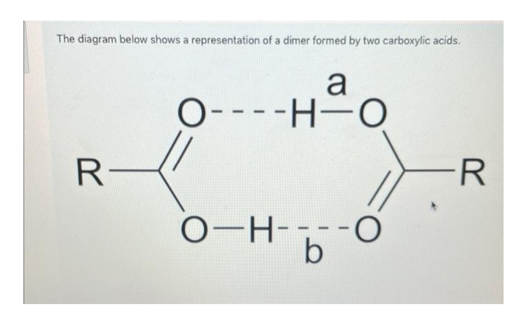 The diagram below shows a representation of a dimer formed by two carboxylic acids.
a
O----H-O
R-
-R
D-H-b
-O