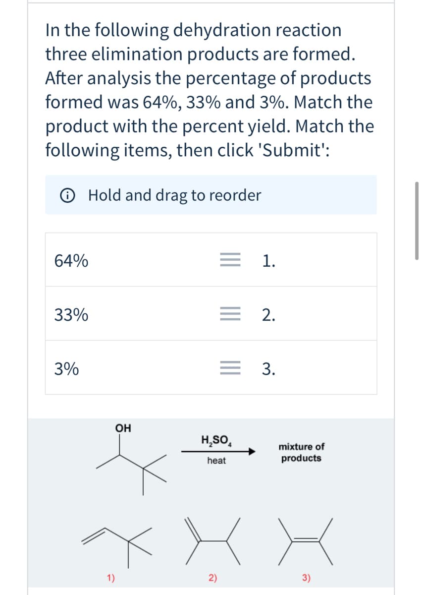 In the following dehydration reaction
three elimination products are formed.
After analysis the percentage of products
formed was 64%, 33% and 3%. Match the
product with the percent yield. Match the
following items, then click 'Submit':
O Hold and drag to reorder
64%
= 1.
33%
= 2.
3%
= 3.
OH
H,SO,
mixture of
heat
products
1)
2)
3)
