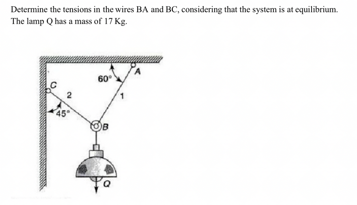 Determine the tensions in the wires BA and BC, considering that the system is at equilibrium.
The lamp Q has a mass of 17 Kg.
2
45°
60°
Ya