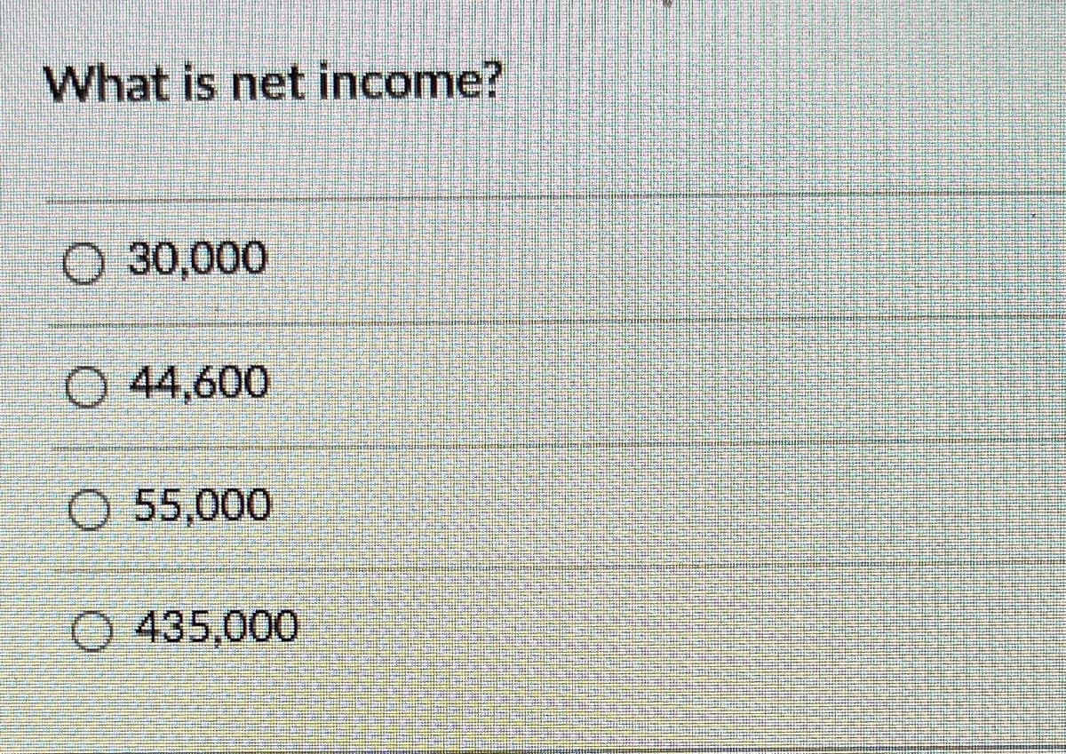 What is net income?
30,000
O 44,600
O 55,000
Ⓒ435,000