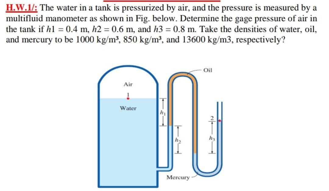 H.W.1/: The water in a tank is pressurized by air, and the pressure is measured by a
multifluid manometer as shown in Fig. below. Determine the gage pressure of air in
the tank if hl = 0.4 m, h2 = 0.6 m, and h3 = 0.8 m. Take the densities of water, oil,
and mercury to be 1000 kg/m³, 850 kg/m³, and 13600 kg/m3, respectively?
Oil
Air
Water
IT
h2
h3
Mercury
