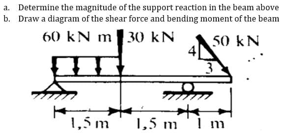 a. Determine the magnitude of the support reaction in the beam above
b. Draw a diagram of the shear force and bending moment of the beam
60 kN m 30
50 kN
1,5 m
1,5 m '1 m
