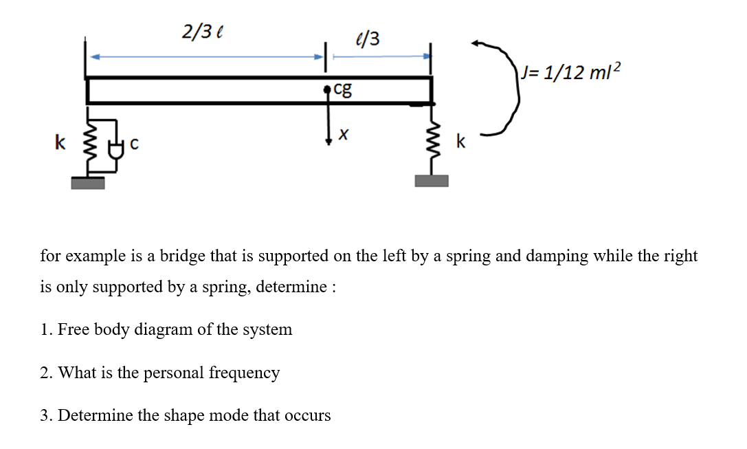 C
2/3 €
+
cg
X
e/3
|J=1/12 ml²
for example is a bridge that is supported on the left by a spring and damping while the right
is only supported by a spring, determine :
1. Free body diagram of the system
2. What is the personal frequency
3. Determine the shape mode that occurs