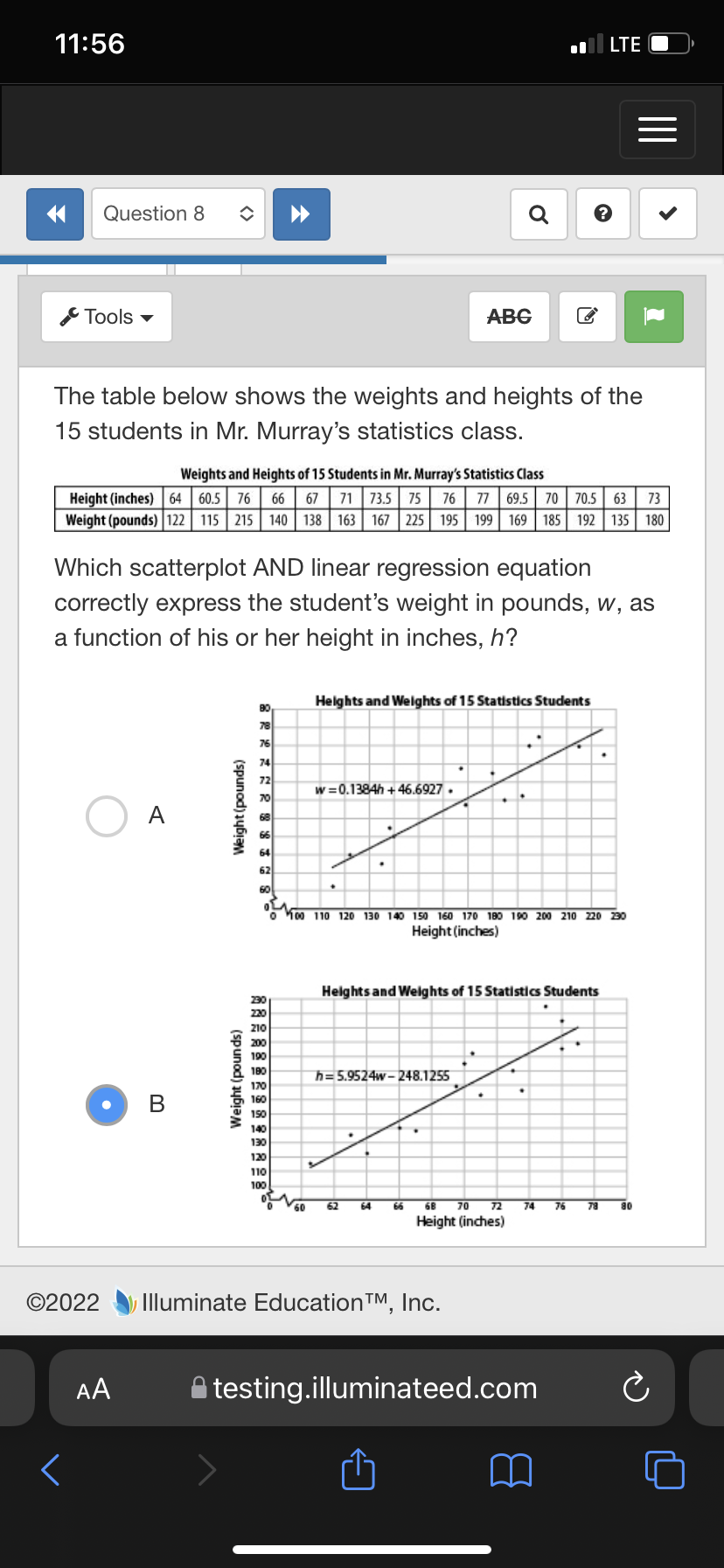 11:56
LTE
Question 8
Q
Tools
ABG
The table below shows the weights and heights of the
15 students in Mr. Murray's statistics class.
Weights and Heights of 15 Students in Mr. Murray's Statistics Class
73.5 75
Weight (pounds) 122 115 215 140 138 163 167 | 225 195 199| 169 | 185 192 135| 180
Height (inches) 64 60.5 76
66
67
71
76
77 69.5 70
70.5
63
73
Which scatterplot AND linear regression equation
correctly express the student's weight in pounds, w, as
a function of his or her height in inches, h?
Helghts and Welghts of 15 Statistics Students
80
78
76
74
72
w =0.1384h + 46.6927.
70
68
66
64
62
O M00 110 120 130 140 150 160 17O 180 190 200 210 220 30
Height (inches)
Helghts and Welghts of 15 Statistics Students
230
220
210
200
190
190
h= 5.9524w - 248.1255
170
В
160
150
140
130
120
110
100
70 72
Height (inches)
62
64
66
68
74
76
78
80
©2022
Illuminate EducationTM, Inc.
AA
testing.illuminateed.com
<>
(spunod)1ybiaM
(spunod) aybjam
