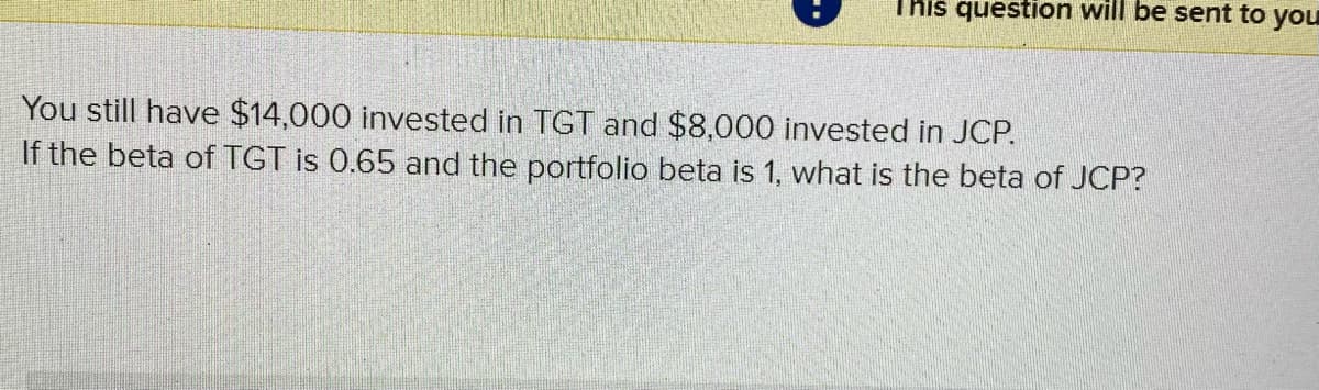 This question will be sent to you
You still have $14,000 invested in TGT and $8,000 invested in JCP.
If the beta of TGT is 0.65 and the portfolio beta is 1, what is the beta of JCP?
