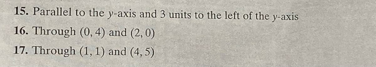 15. Parallel to the y-axis and 3 units to the left of the y-axis
16. Through (0, 4) and (2, 0)
17. Through (1, 1) and (4, 5)
