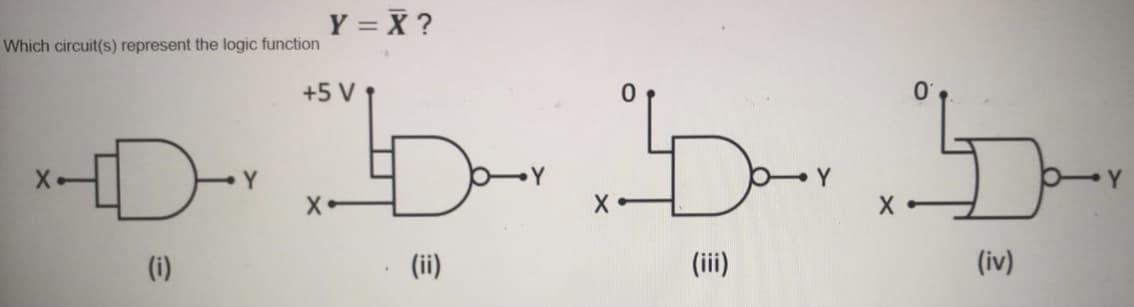 Y = X ?
Which circuit(s) represent the logic function
+5 V
(i)
(ii)
(ii)
(iv)
