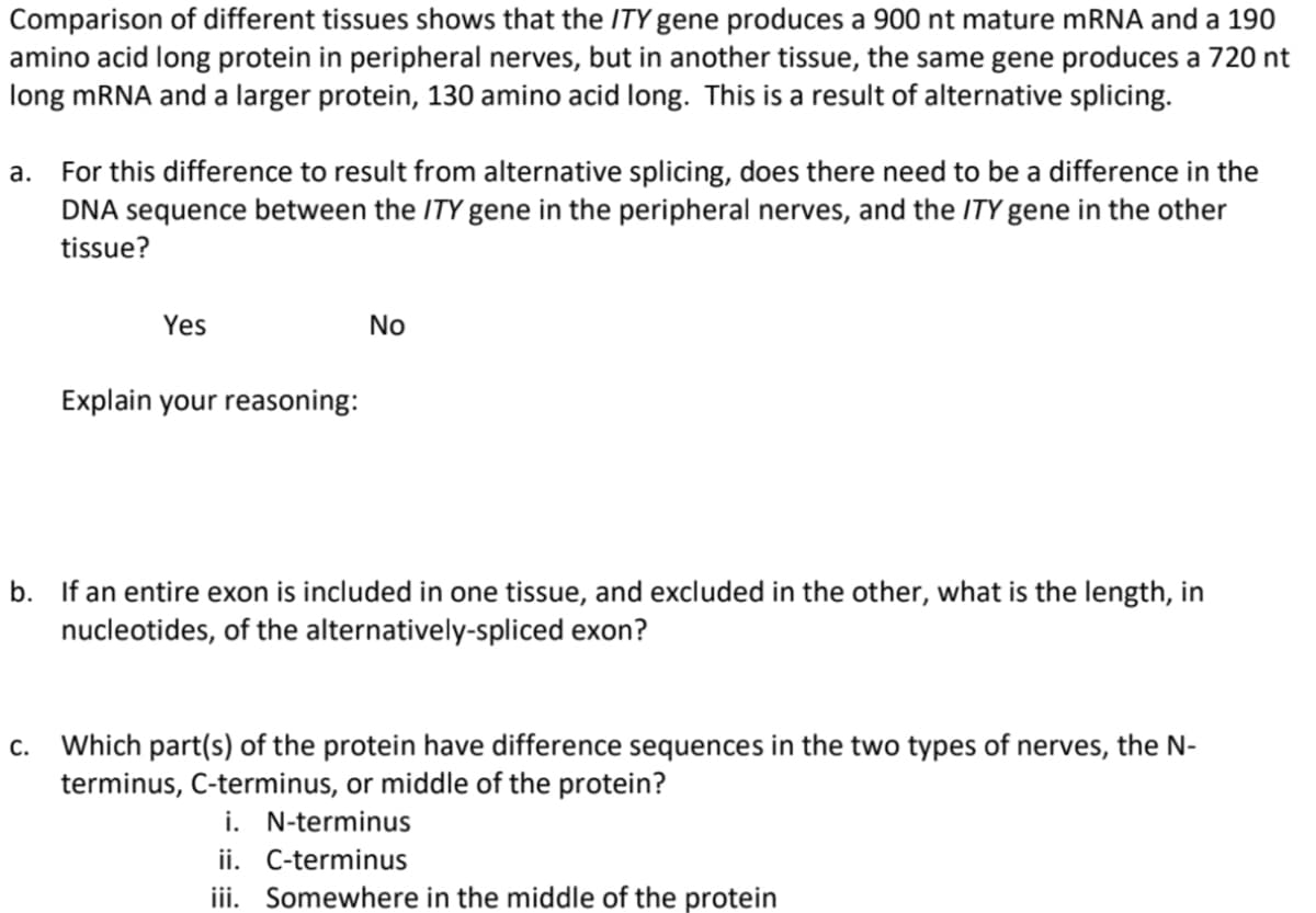 Comparison of different tissues shows that the ITY gene produces a 900 nt mature mRNA and a 190
amino acid long protein in peripheral nerves, but in another tissue, the same gene produces a 720 nt
long mRNA and a larger protein, 130 amino acid long. This is a result of alternative splicing.
a.
For this difference to result from alternative splicing, does there need to be a difference in the
DNA sequence between the ITY gene in the peripheral nerves, and the ITY gene in the other
tissue?
Yes
Explain your reasoning:
No
b. If an entire exon is included in one tissue, and excluded in the other, what is the length, in
nucleotides, of the alternatively-spliced exon?
c. Which part(s) of the protein have difference sequences in the two types of nerves, the N-
terminus, C-terminus, or middle of the protein?
i. N-terminus
ii. C-terminus
iii. Somewhere in the middle of the protein