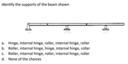 Identify the supports of the beam shown
a. Hinge, internal hinge, roller, internal hinge, roller
b. Roller, internal hinge, hinge, internal hinge, roller
c. Roller, internal hinge, roller, internal hinge, roller
d. None of the choices

