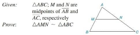 AABC; M and N are
midpoints of AB and
AC, respectively
ΔΑΜΝ- ΔΑBC
Given:
N
M
Prove:
B

