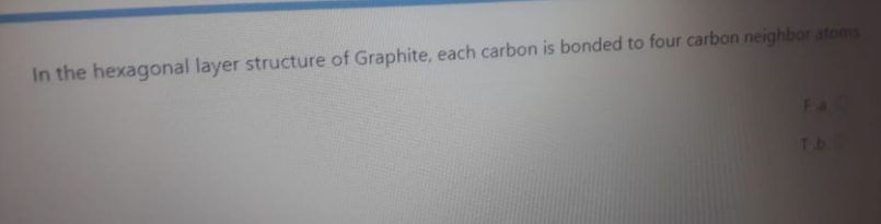 In the hexagonal layer structure of Graphite, each carbon is bonded to four carbon neighbor atoms
Tb
