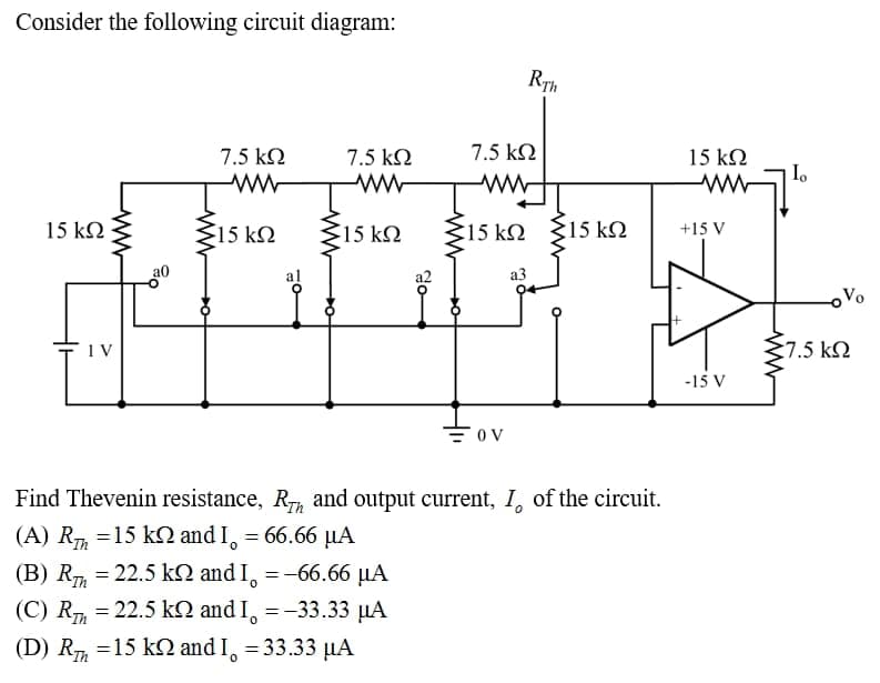 Consider the following circuit diagram:
RTh
7.5 kN
7.5 kN
7.5 k2
15 kQ
Io
15 kN
15 kN
15 kN
15 kN
:15 kQ
+15 V
a0
al
a3
7.5 kN
-15 V
Find Thevenin resistance, R, and output current, I, of the circuit.
(A) R =15 k2 and I, = 66.66 µA
(B) R = 22.5 kO and I, =-66.66 µA
(C) R, = 22.5 k2 and I, = -33.33 µA
(D) R =15 k2 and I, = 33.33 µA
do
