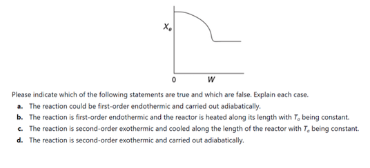 X₂
W
Please indicate which of the following statements are true and which are false. Explain each case.
a. The reaction could be first-order endothermic and carried out adiabatically.
b. The reaction is first-order endothermic and the reactor is heated along its length with T, being constant.
c. The reaction is second-order exothermic and cooled along the length of the reactor with T, being constant.
d. The reaction is second-order exothermic and carried out adiabatically.