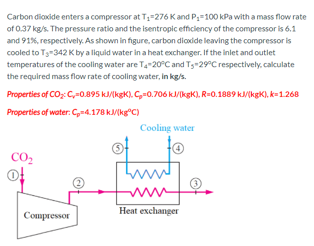 Carbon dioxide enters a compressor at T1=276 Kand P1=100 kPa with a mass flow rate
of 0.37 kg/s. The pressure ratio and the isentropic efficiency of the compressor is 6.1
and 91%, respectively. As shown in figure, carbon dioxide leaving the compressor is
cooled to T3-342 K by a liquid water in a heat exchanger. If the inlet and outlet
temperatures of the cooling water are T4=20°C and T5=29°C respectively, calculate
the required mass flow rate of cooling water, in kg/s.
Properties of CO2: Cy=0.895 kJ/(kgK), Cp=0.706 kJ/(kgK), R=0.1889 kJ/(kgK), k=1.268
Properties of water: C,=4.178 kJ/(kg°C)
Cooling water
CO2
Heat exchanger
Compressor

