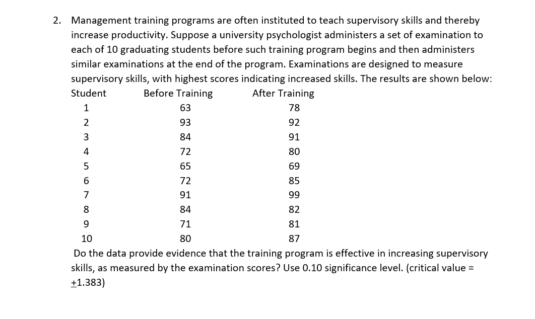 2. Management training programs are often instituted to teach supervisory skills and thereby
increase productivity. Suppose a university psychologist administers a set of examination to
each of 10 graduating students before such training program begins and then administers
similar examinations at the end of the program. Examinations are designed to measure
supervisory skills, with highest scores indicating increased skills. The results are shown below:
Student
Before Training
After Training
1
63
78
2
93
92
3
84
91
4
72
80
5
TI
65
69
6
72
85
7
91
99
8
84
82
9
71
81
10
80
87
Do the data provide evidence that the training program is effective in increasing supervisory
skills, as measured by the examination scores? Use 0.10 significance level. (critical value =
+1.383)