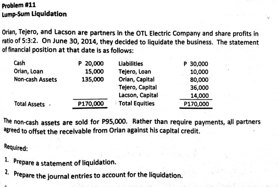 Problem #11
2. Prepare the journal entries to account for the liquidation.
1. Prepare a statement of liquidation.
Lump-Sum Liquidation
Orian, Tejero, and Lacson are partners in the OTL Electric Company and share profits in
ratio of 5:3:2. On June 30, 2014, they decided to liquidate the business. The statement
of financial position at that date is as follows:
Cash
P 20,000
15,000
135,000
P 30,000
10,000
80,000
36,000
Liabilities
Orian, Loan
Non-cash Assets
Tejero, Loan
Orian, Capital
Tejero, Capital
Lacson, Capital
Total Equities
14,000
P170,000
Total Assets
P170,000
The non-cash assets are sold for P95,000. Rather than require payments, all partners
agreed to offset the receivable from Orian against his capital credit.
Required:
1. Prepare a statement of liquidation.
. Prepare the journal entries to account for the liquidation.
