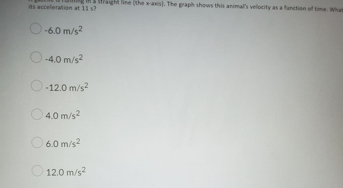 Ing in a straight line (the x-axis). The graph shows this animal's velocity as a function of time. What
its acceleration at 11 s?
O-6.0 m/s2
O-4.0 m/s2
O-12.0 m/s?
O 4.0 m/s2
O 6.0 m/s2
O 12.0 m/s?
