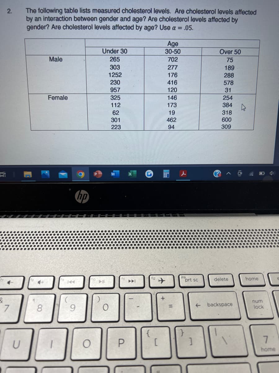 The following table lists measured cholesterol levels. Are cholesterol levels affected
by an interaction between gender and age? Are cholesterol levels affected by
gender? Are cholesterol levels affected by age? Use a = .05.
2.
Age
30-50
Under 30
Over 50
Male
265
702
75
303
1252
230
957
277
176
416
120
189
288
578
31
Female
325
146
254
112
173
384
62
19
318
301
223
462
94
600
309
hp
prt sc
delete
home
4+
num
backspace
8.
lock
P
home
