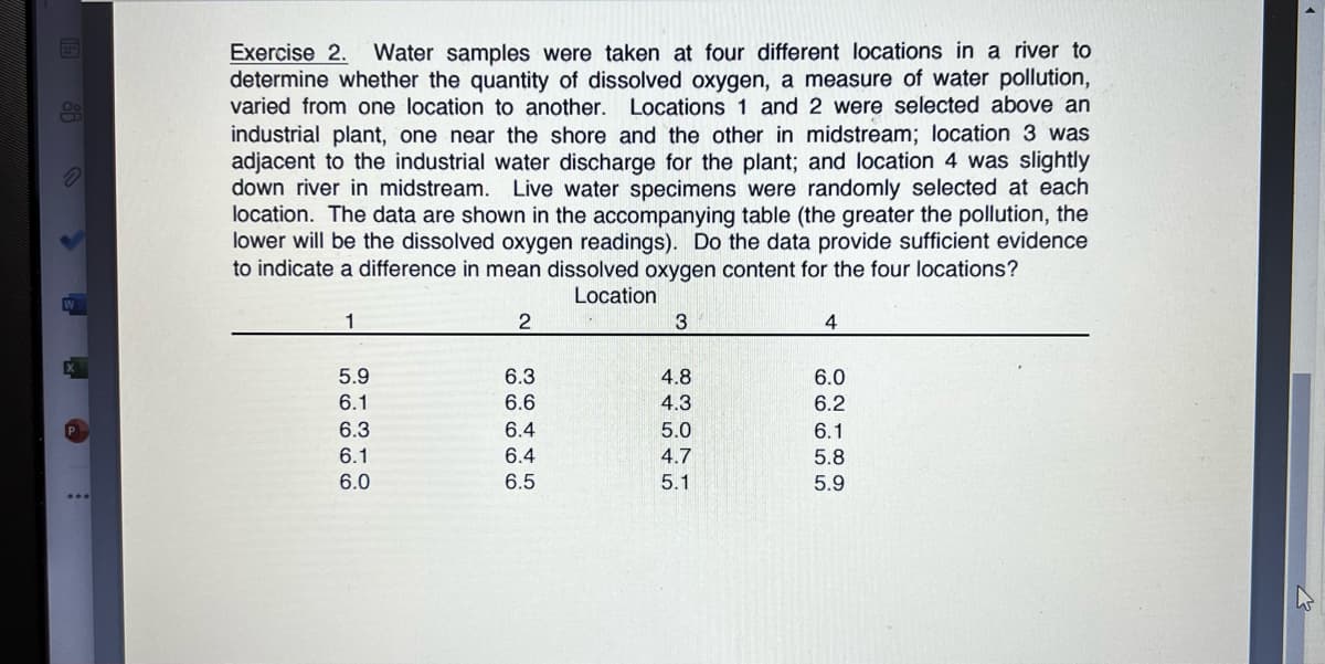 Exercise 2.
determine whether the quantity of dissolved oxygen, a measure of water pollution,
varied from one location to another. Locations 1 and 2 were selected above an
industrial plant, one near the shore and the other in midstream; location 3 was
adjacent to the industrial water discharge for the plant; and location 4 was slightly
down river in midstream.
Water samples were taken at four different locations in a river to
Live water specimens were randomly selected at each
location. The data are shown in the accompanying table (the greater the pollution, the
lower will be the dissolved oxygen readings). Do the data provide sufficient evidence
to indicate a difference in mean dissolved oxygen content for the four locations?
Location
1
3
目
5.9
6.3
4.8
6.0
6.1
6.6
4.3
6.2
6.3
6.4
5.0
6.1
6.1
6.4
4.7
5.8
6.0
6.5
5.1
5.9

