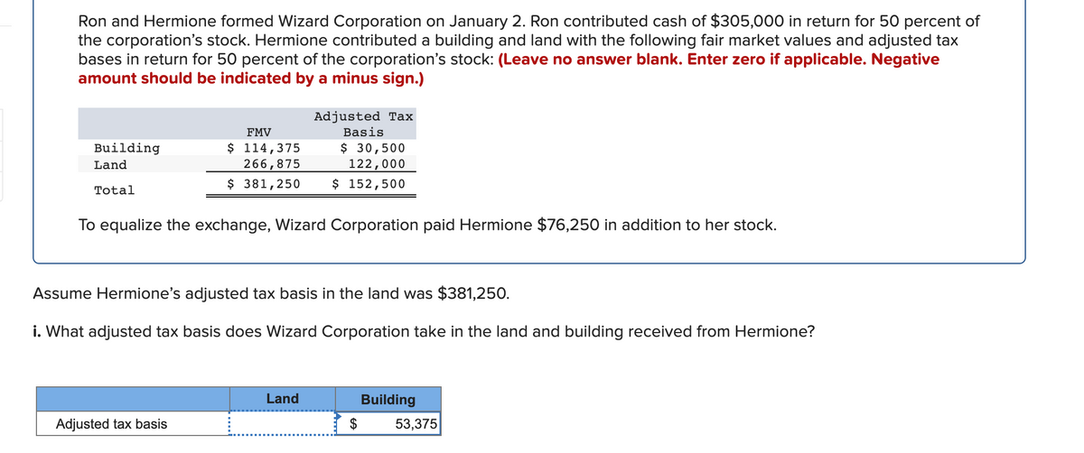 Ron and Hermione formed Wizard Corporation on January 2. Ron contributed cash of $305,000 in return for 50 percent of
the corporation's stock. Hermione contributed a building and land with the following fair market values and adjusted tax
bases in return for 50 percent of the corporation's stock: (Leave no answer blank. Enter zero if applicable. Negative
amount should be indicated by a minus sign.)
Adjusted Tax
FMV
Basis
$ 114,375
266,875
$ 381,250
$ 30,500
122,000
Building
Land
$ 152,500
Total
To equalize the exchange, Wizard Corporation paid Hermione $76,250 in addition to her stock.
Assume Hermione's adjusted tax basis in the land was $381,250.
i. What adjusted tax basis does Wizard Corporation take in the land and building received from Hermione?
Land
Building
Adjusted tax basis
53,375
