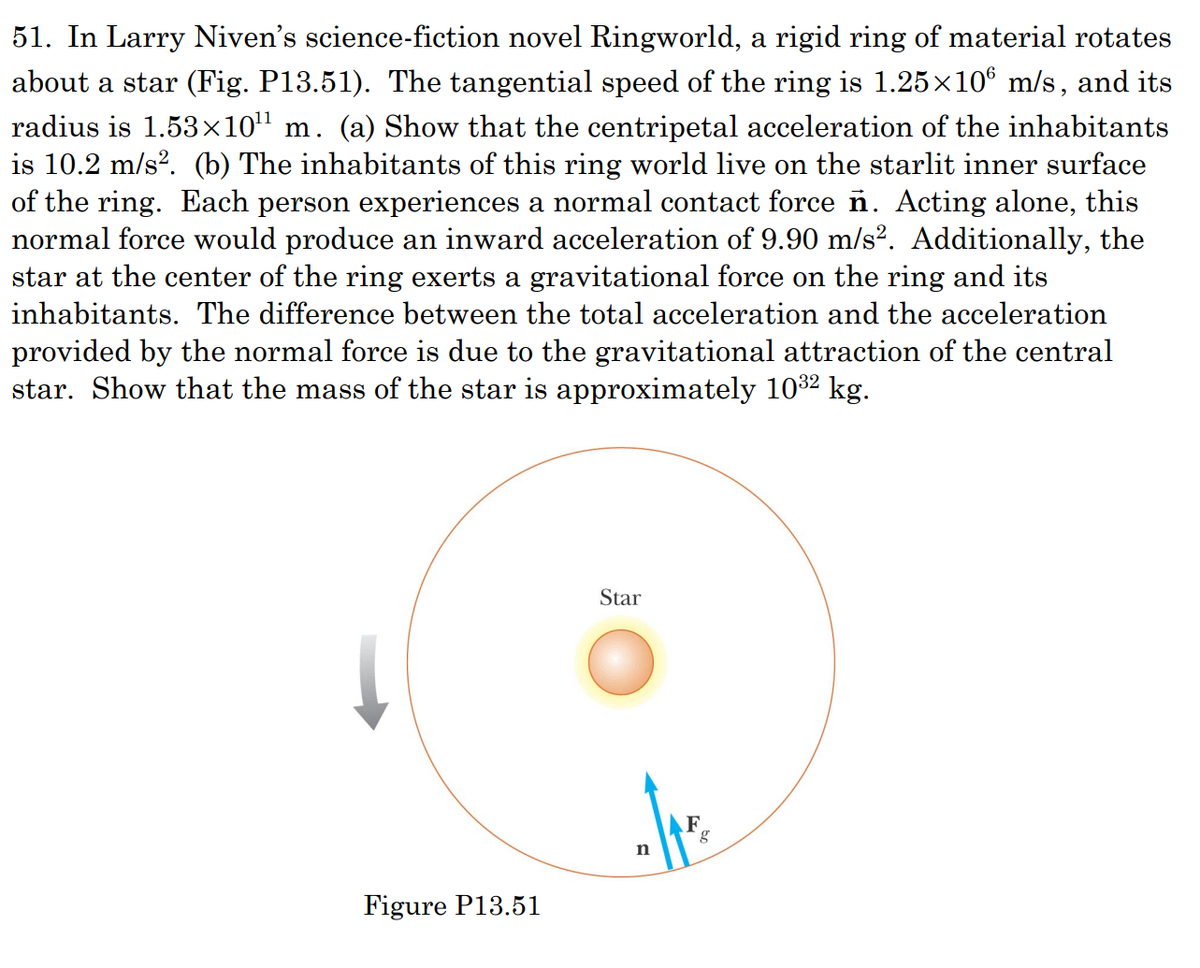 51. In Larry Niven's science-fiction novel Ringworld, a rigid ring of material rotates
about a star (Fig. P13.51). The tangential speed of the ring is 1.25×10€ m/s, and its
radius is 1.53×10" m. (a) Show that the centripetal acceleration of the inhabitants
is 10.2 m/s?. (b) The inhabitants of this ring world live on the starlit inner surface
of the ring. Each person experiences a normal contact force ñ. Acting alone, this
normal force would produce an inward acceleration of 9.90 m/s2. Additionally, the
star at the center of the ring exerts a gravitational force on the ring and its
inhabitants. The difference between the total acceleration and the acceleration
provided by the normal force is due to the gravitational attraction of the central
star. Show that the mass of the star is approximately 1032 kg.
Star
F
Figure P13.51
