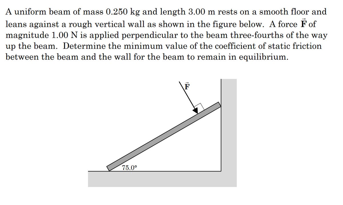 A uniform beam of mass 0.250 kg and length 3.00 m rests on a smooth floor and
leans against a rough vertical wall as shown in the figure below. A force F of
magnitude 1.00 N is applied perpendicular to the beam three-fourths of the way
up the beam. Determine the minimum value of the coefficient of static friction
between the beam and the wall for the beam to remain in equilibrium.
75.0°
