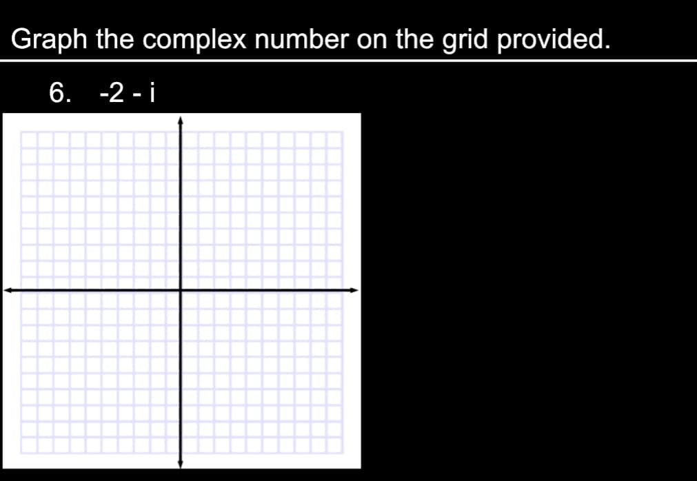 Graph the complex number on the grid provided.
6. -2 - i
%3

