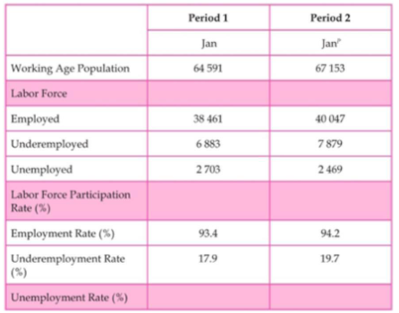 Period 1
Period 2
Jan
Jan
Working Age Population
64 591
67 153
Labor Force
Employed
38 461
40 047
7 879
Underemployed
Unemployed
6 883
2 703
2 469
Labor Force Participation
Rate (%)
Employment Rate (%)
93.4
94.2
Underemployment Rate
(%)
17.9
19.7
Unemployment Rate (%)
