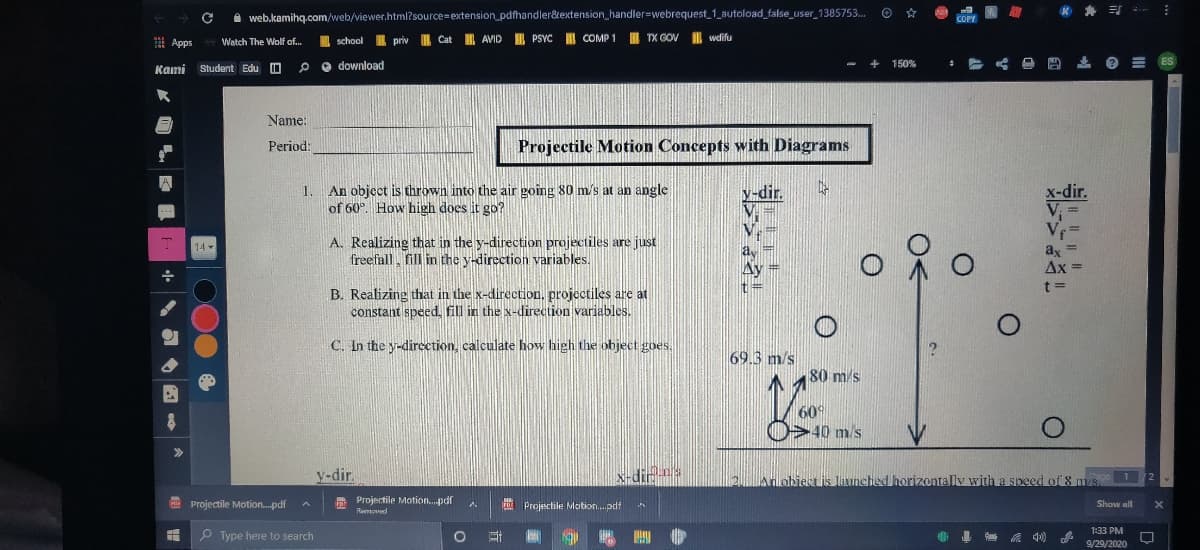 An object is thrown into the air going 80 m's at an angle
of 60°. How high does it go?
