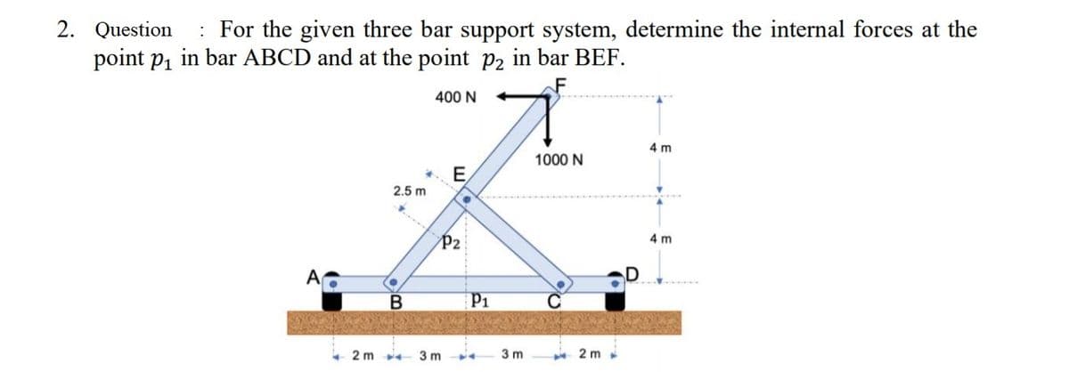 2. Question
: For the given three bar support system, determine the internal forces at the
point p, in bar ABCD and at the point p2 in bar BEF.
F
400 N
4 m
1000 N
E
2.5 m
P2
4 m
В
P1
2 m
3 m
3 m
2 m
