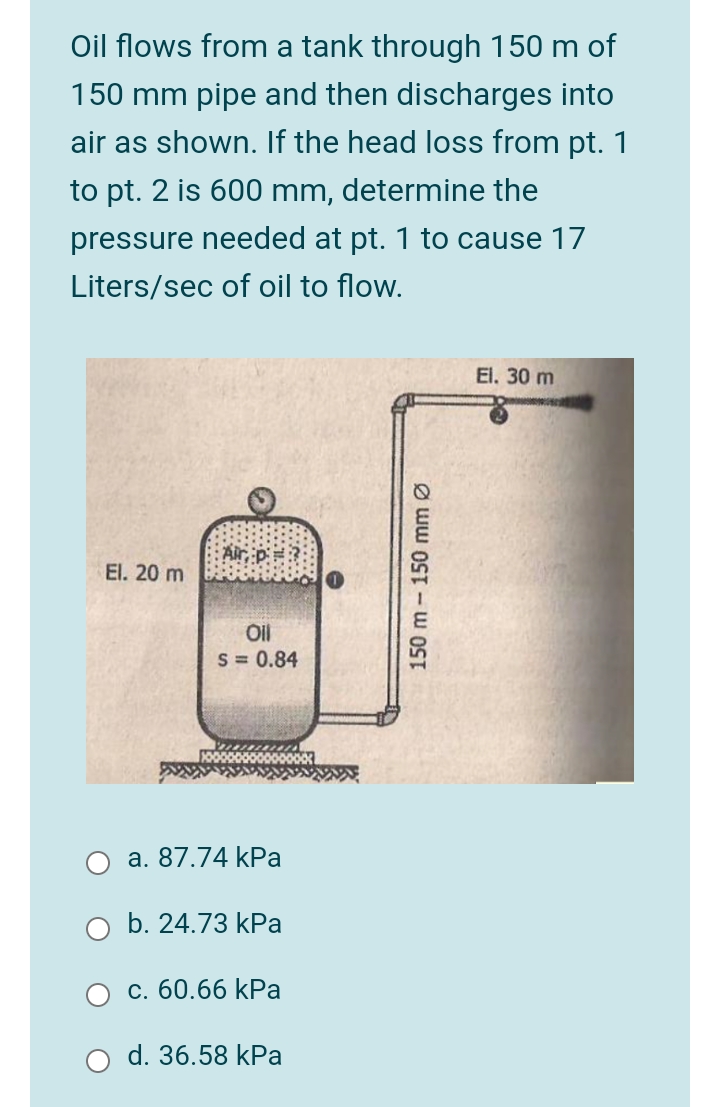 Oil flows from a tank through 150 m of
150 mm pipe and then discharges into
air as shown. If the head loss from pt. 1
to pt. 2 is 600 mm, determine the
pressure needed at pt. 1 to cause 17
Liters/sec of oil to flow.
El. 30 m
Air, p
El. 20 m
Oil
S = 0.84
а. 87.74 kPa
b. 24.73 kPa
c. 60.66 kPa
d. 36.58 kPa
150m-150 mm Ø
