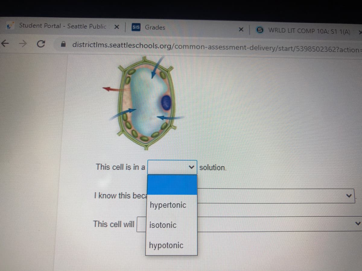 Student Portal - Seattle Public
SIS Grades
S WRLD LIT COMP 10A: S1 1(A)
districtIms.seattleschools.org/common-assessment-delivery/start/5398502362?action=
This cell is in a
v solution.
I know this bec
hypertonic
This cell will
isotonic
hypotonic
