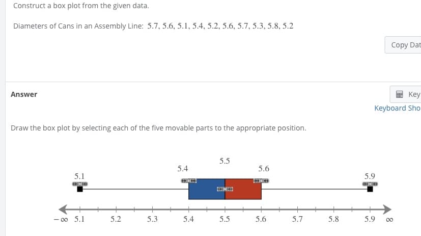 Construct a box plot from the given data.
Diameters of Cans in an Assembly Line: 5.7, 5.6, 5.1, 5.4, 5.2, 5.6, 5.7, 5.3, 5.8, 5.2
Copy Dat
Answer
Key
Keyboard Sho
Draw the box plot by selecting each of the five movable parts to the appropriate position.
5.5
5.4
5.6
5.1
5.9
- 00 5.1
5.2
5.3
5.4
5.5
5.6
5.7
5.8
5.9
00
8
