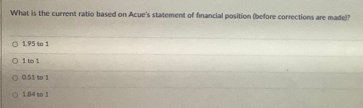 What is the current ratio based on Acue's statement of financial position (before corrections are made)?
O 1.95 to 1
O 1 to 1
O 0.51 to 1
0 184 to 1
