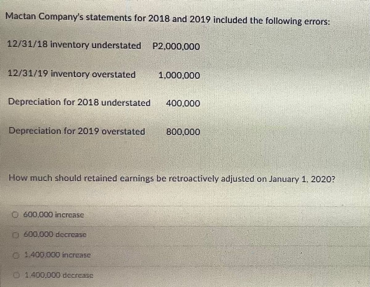 Mactan Company's statements for 2018 and 2019 included the following errors:
12/31/18 inventory understated P2,000,000
12/31/19 inventory overstated
1,000,000
Depreciation for 2018 understated
400,000
Depreciation for 2019 overstated
800,000
How much should retained carnings be retroactively adjusted on January 1. 2020?
O 600.000 increase
0 1400.000 increase
1400,000 decrease
