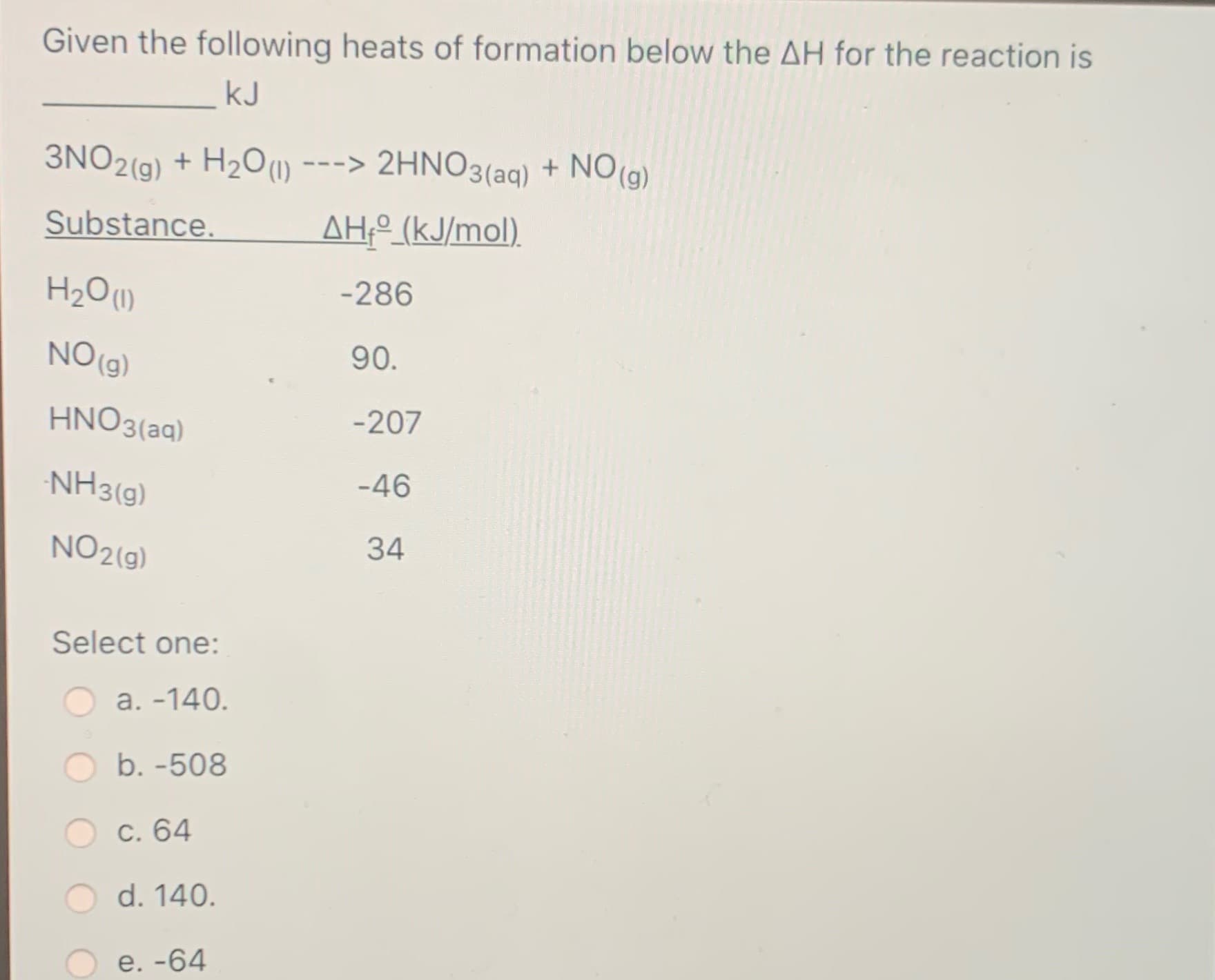 Given the following heats of formation below the AH for the reaction is
kJ
3NO2(g) + H2O(1)
--> 2HNO3(aq) +
NO (g)
Substance.
AH;º (kJ/mol).
H2O1)
-286
NO (g)
90.
HNO3(aq)
-207
NH3(9)
-46
NO2(g)
34
Select one
a. -140.
b. -508
C. 64
d. 140.
-64

